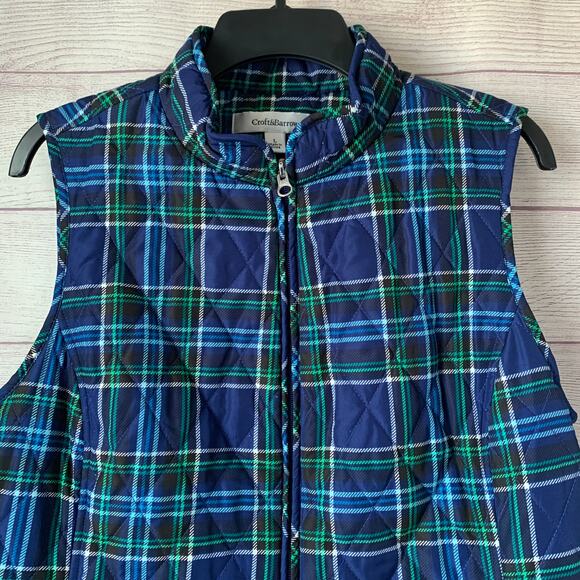 Croft & Borrow Navy Blue and Green Plaid Quilted Vest Full Zip Size L - Picture 3 of 16